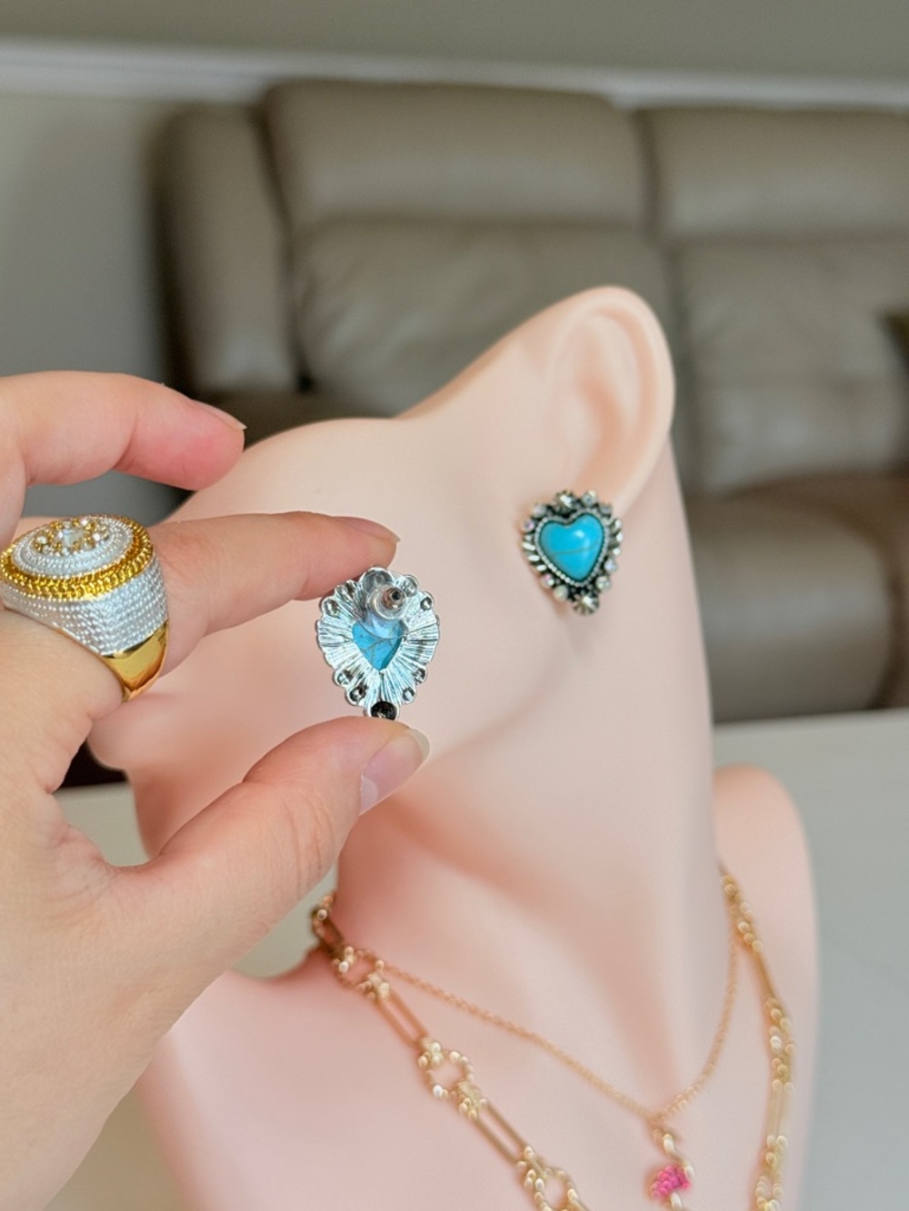 Turquoise Heart Stud Earrings - Picture 7 of 12